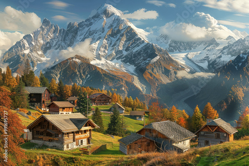 A mountain range with a small village in the foreground