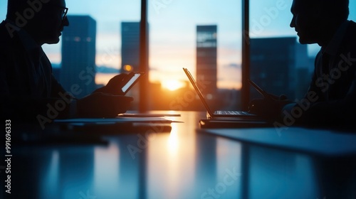 Obraz na płótnie Business partners sitting together reviewing contract terms during negotiations, business review, strategic alignment, w salonie
