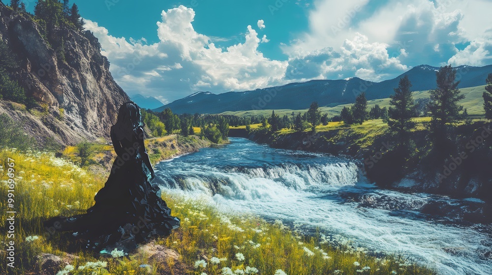 Fototapeta premium 53. A compassionate river goddess flowing gracefully through a valley