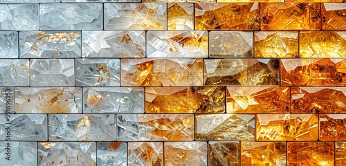 Abstract Flat Lay of Crystal Brick Wall with Half Gold and Half Citrine Combination, Modern Elegance photo