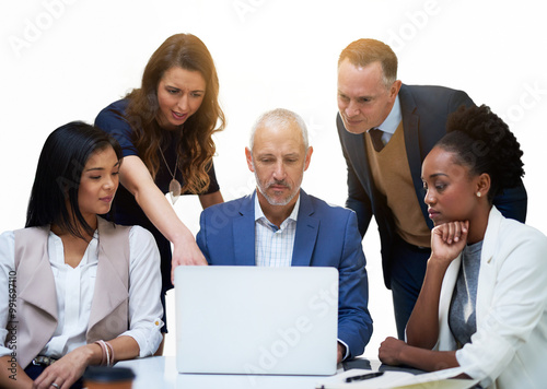 Business people, laptop and collaboration for research, diversity and planning in studio with feedback. Corporate company, technology and teamwork on white background for strategy and project review