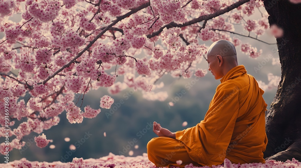 Fototapeta premium 1. A wise Buddhist monk meditating under a cherry blossom tree
