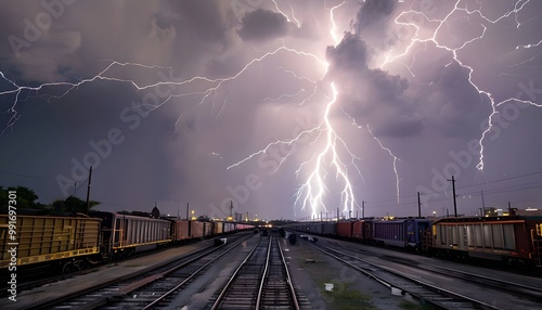 Lightning Over a Train Yard
