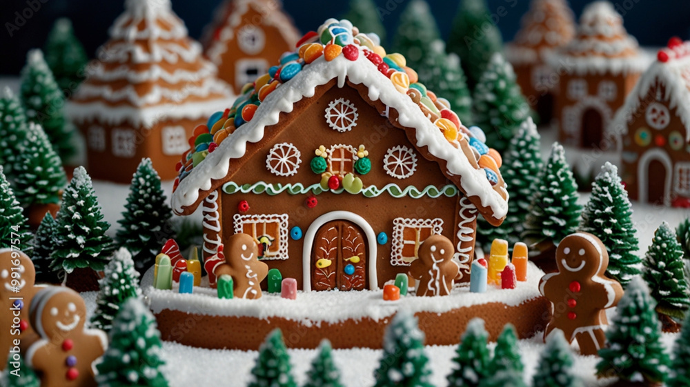 Fototapeta premium A photo of a realistic gingerbread house. A gingerbread house is decorated with candies, chocolates, marshmallows, and other sweets. The ground is covered with icing sugar, creating a snowy effect.