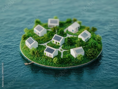 Self-sustaining island city with renewable energy, waste recycling, and food production systems, self-sustaining island, off-grid living