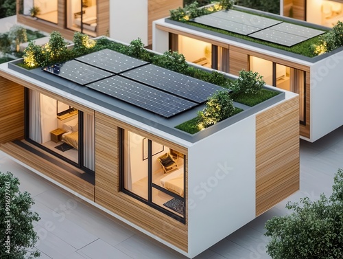 Modular, prefabricated homes with solar panels and green roofs, modular eco-homes, affordable sustainability
