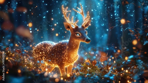 Magical deer in a glowing forest with twinkling lights.