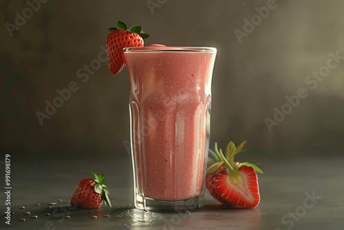 A glass of strawberry smoothie with a strawberry on top