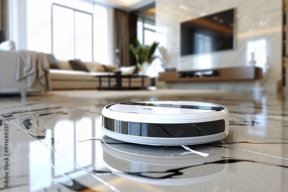 A robot vacuum cleaner is on the floor of a living room A robot vacuum cleaner is on the floor of a living room