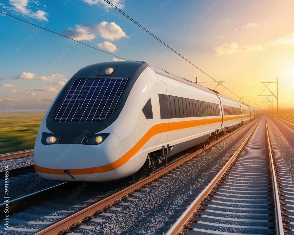 Naklejka premium High-speed train station with solar panel canopies and energy-efficient design, solar train station, green transport hub