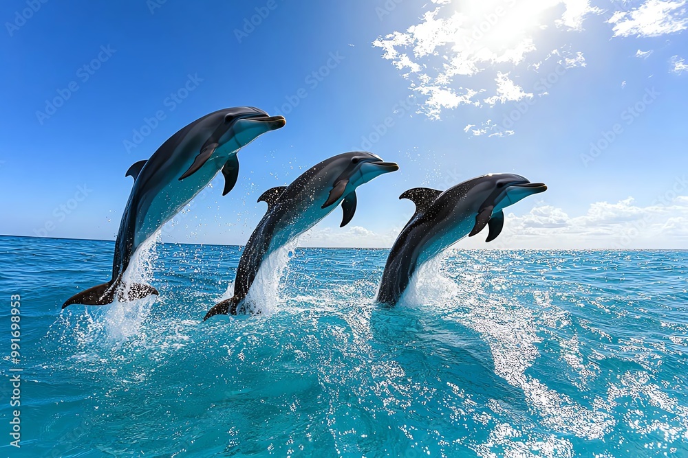 A group of dolphins leaping out of the ocean, splashing water as they swim and play under the bright sun A group of dolphins leaping out of the ocean, splashing water as they swim and play under the bright sun
