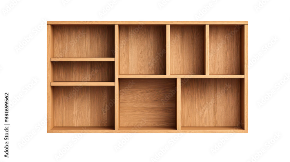 Wooden open shelf organizer featuring multiple compartments for storage. Perfect for organizing home or office spaces, blending natural materials. Isolated on transparent background, png. Wooden open shelf organizer featuring multiple compartments for storage. Perfect for organizing home or office spaces, blending natural materials. Isolated on transparent background, png.