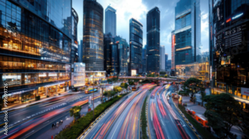 Aerial view of a busy city street with traffic and skyscrapers.