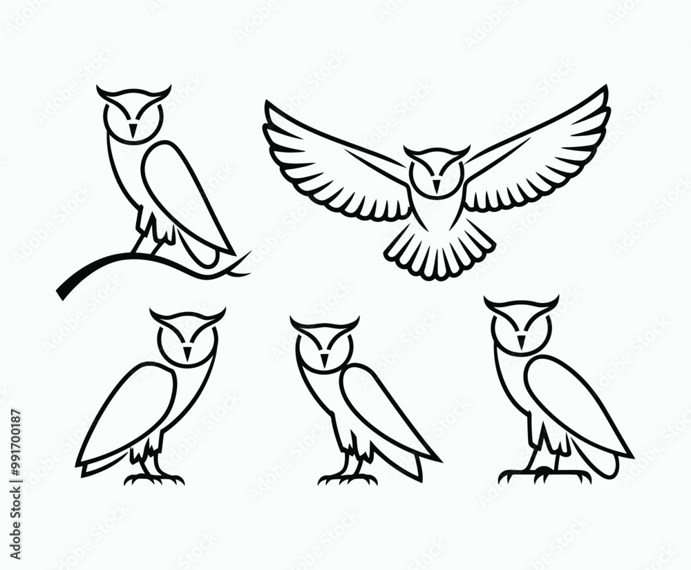 Owl bird silhouette editable EPS vector isolated illustration template on a white background