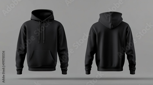  Black hoodie sweatshirt front and back mockup template on a grey background