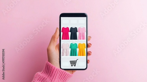 Hand holding smartphone displaying colorful dresses for online shopping on pink background. photo