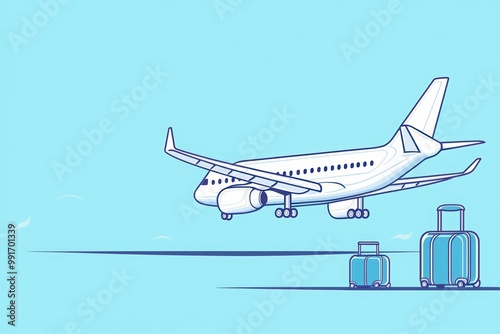 Airplane landing with luggage against a light blue background.