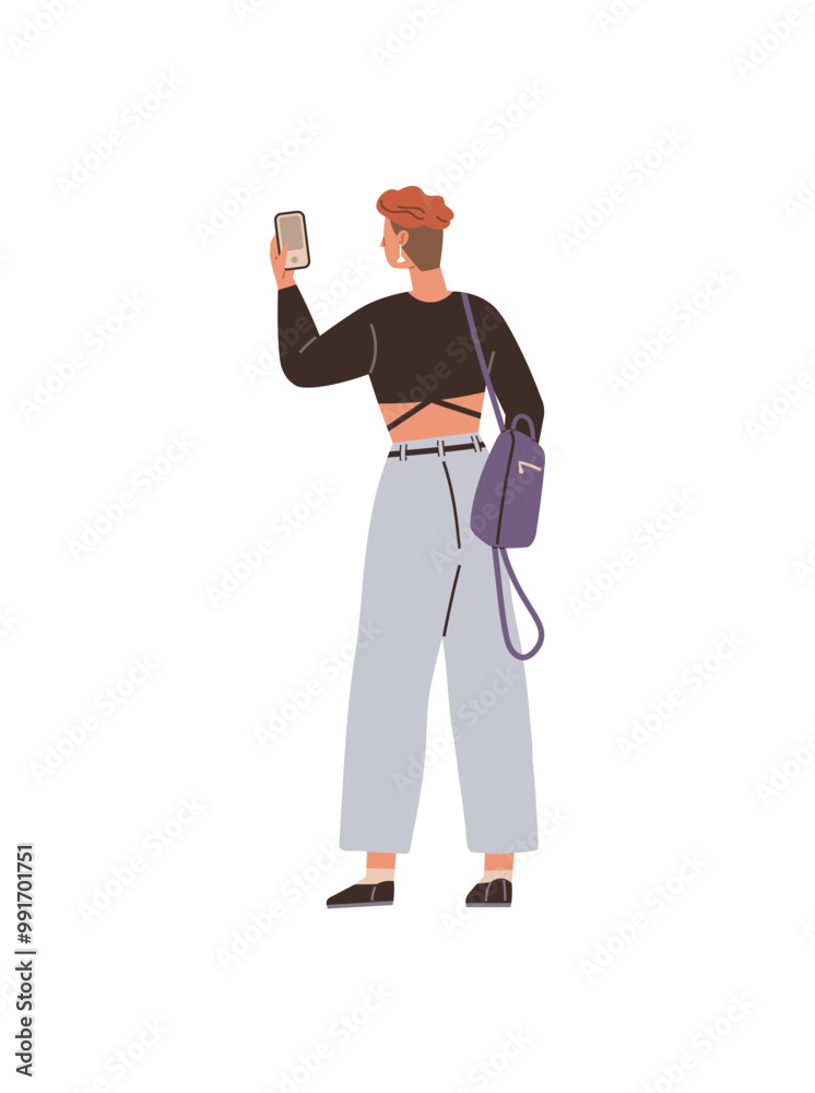Young person in casual attire holds smartphone and wears purple backpack. Relaxed posture with a modern look. Ideal for technology, youth culture, fashion, lifestyle, communication themes. Minimalist Young person in casual attire holds smartphone and wears purple backpack. Relaxed posture with a modern look. Ideal for technology, youth culture, fashion, lifestyle, communication themes. Minimalist