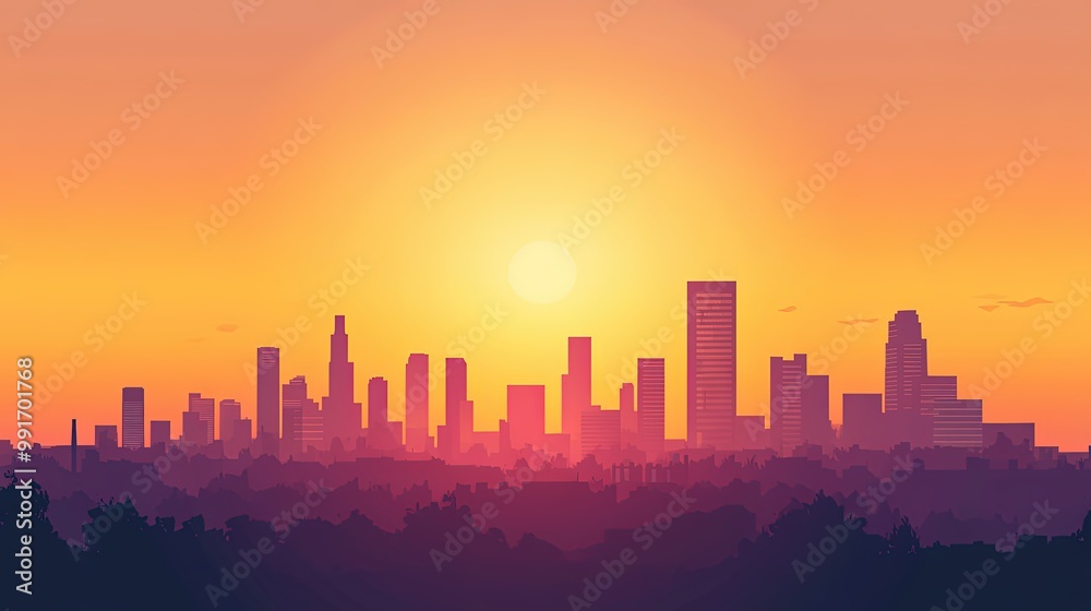 Vibrant city skyline against a stunning sunset backdrop. Vibrant city skyline against a stunning sunset backdrop.