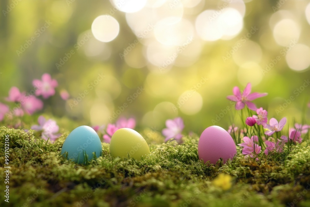 Colorful easter eggs on green moss background with bokeh. Colorful easter eggs on green moss with pink spring flowers in the forest. geneative ai Colorful easter eggs on green moss background with bokeh. Colorful easter eggs on green moss with pink spring flowers in the forest. geneative ai