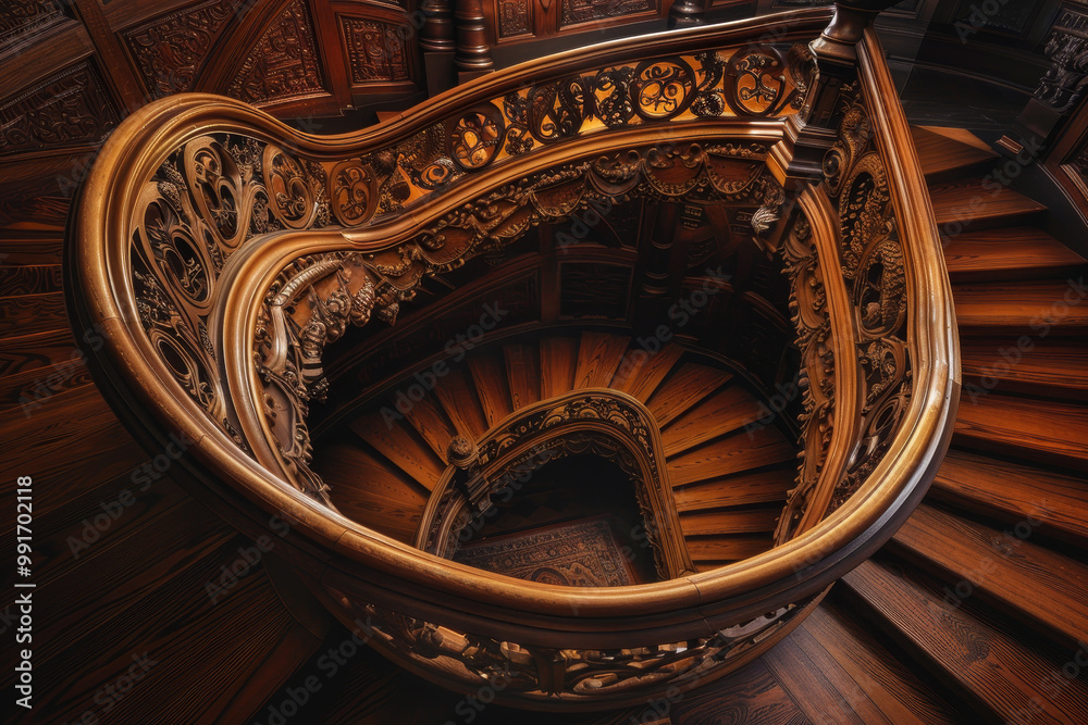 Fototapeta premium A spiral staircase with a carved wooden railing