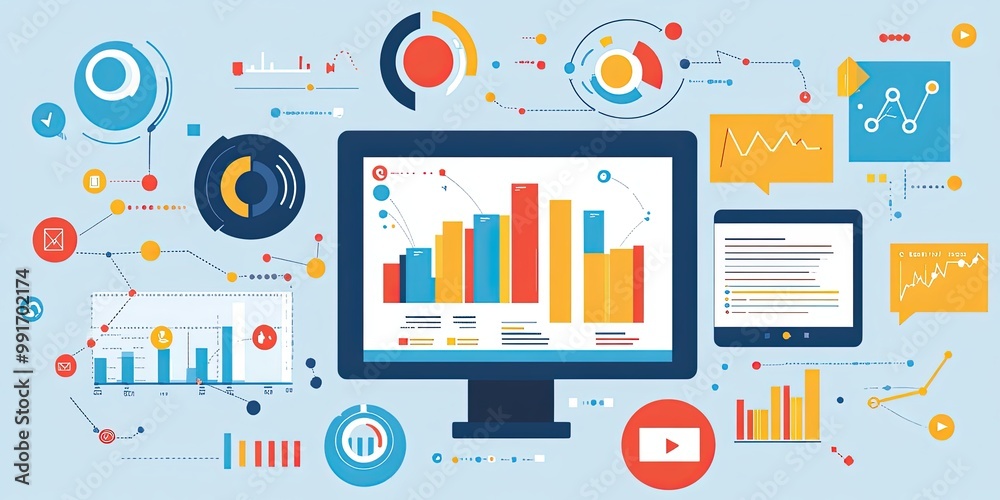 Modern data visualization and analytics with colorful infographics on screen. Modern data visualization and analytics with colorful infographics on screen.