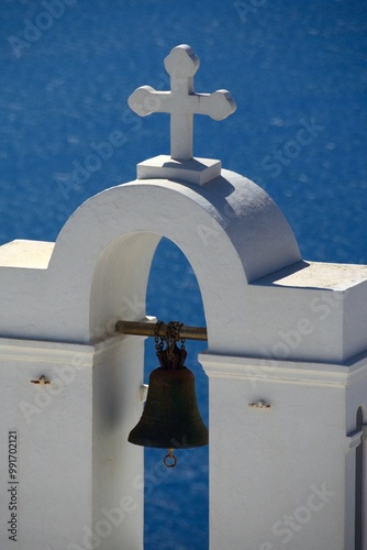 Iglesia de las Tres Campanas de Fira, isla de Santorini, Grecia photo