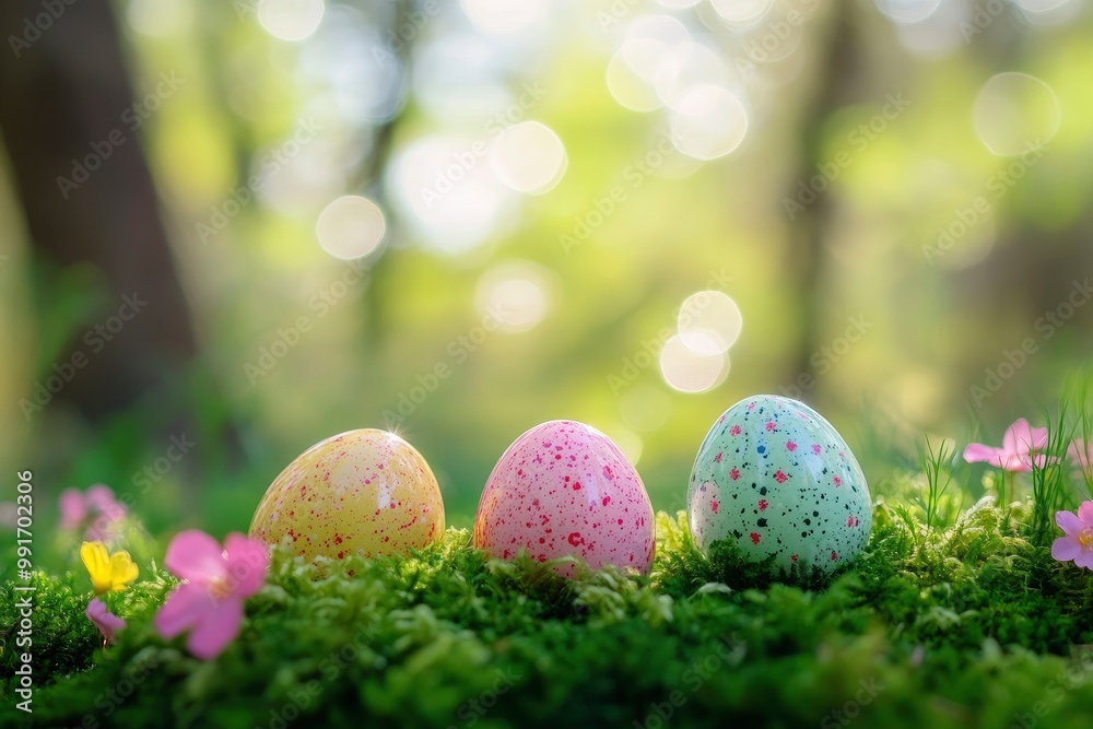 Colorful easter eggs on green moss background with bokeh. Colorful easter eggs on green moss with pink spring flowers in the forest. geneative ai Colorful easter eggs on green moss background with bokeh. Colorful easter eggs on green moss with pink spring flowers in the forest. geneative ai