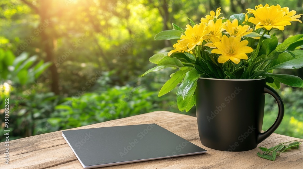Fototapeta premium Yellow Flowers in a Black Mug on a Wooden Table with a Tablet