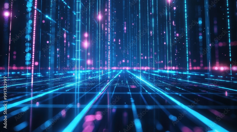Sleek holographic background with neon blue beams of light, creating a mesmerizing modern tech atmosphere with subtle grid patterns. Sleek holographic background with neon blue beams of light, creating a mesmerizing modern tech atmosphere with subtle grid patterns.