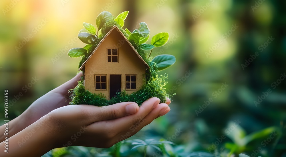 Close-up of hands holding a miniature house on a mossy forest floor, with sunlight filtering through the trees. The scene is surrounded by greenery and plants, conveying a sustainable living concept. Close-up of hands holding a miniature house on a mossy forest floor, with sunlight filtering through the trees. The scene is surrounded by greenery and plants, conveying a sustainable living concept.