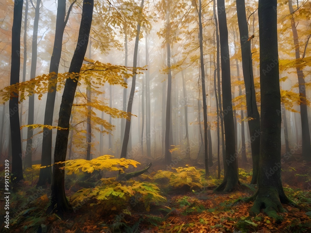 Fototapeta premium Misty Autumn Forest with Sunlight Through Trees