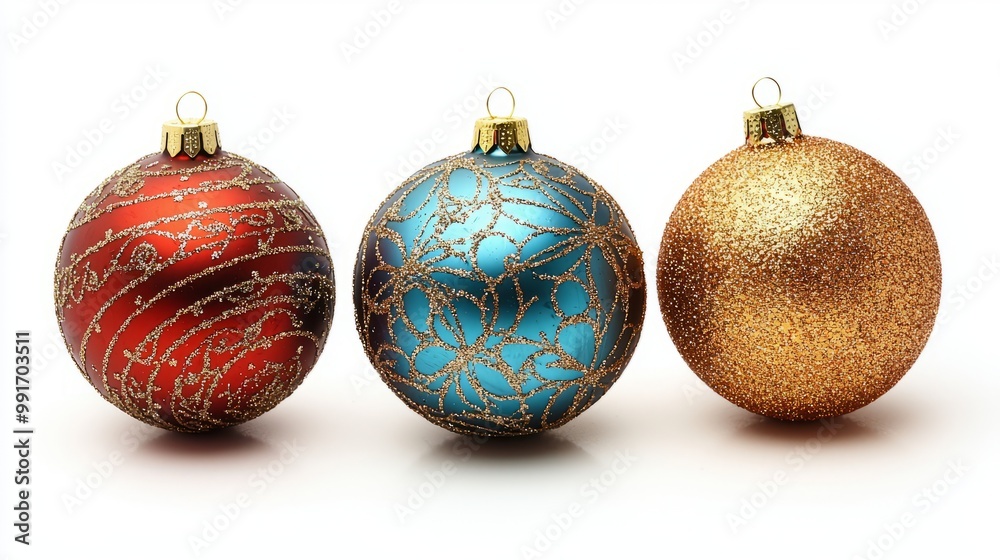 Three decorated Christmas ornaments in red, gold, and blue on a white background
