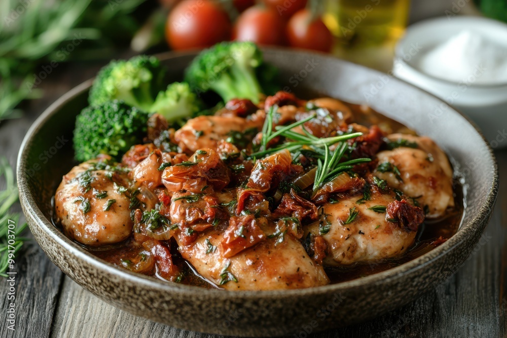 A bowl of chicken with broccoli and tomatoes A bowl of chicken with broccoli and tomatoes