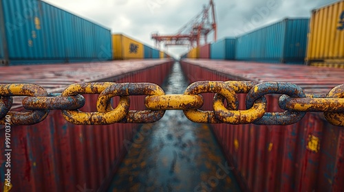 Wallpaper Mural A broken chain blocking a shipping container, symbolizing trade barriers, trade barrier, international commerce restriction, photorealistic Torontodigital.ca