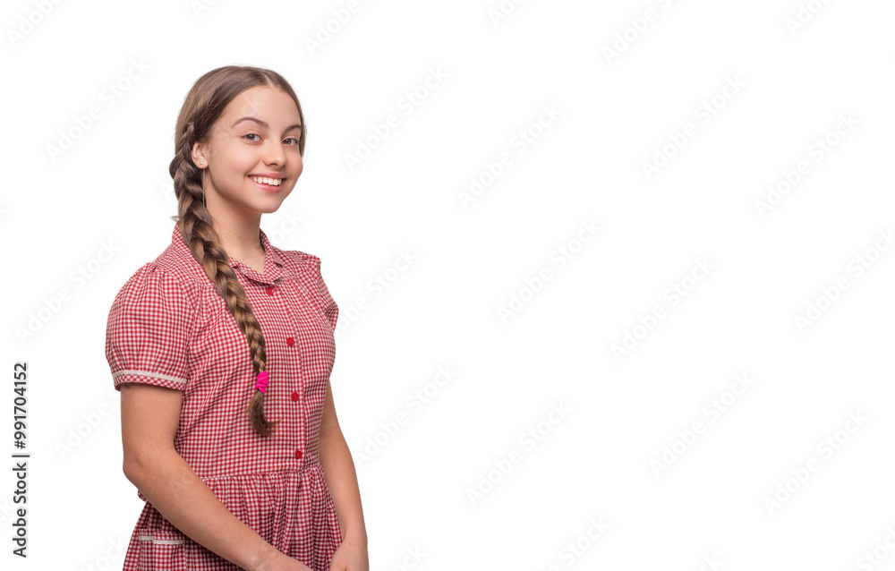 Teen girl looking at camera. Retro style. Stylish girl has braided hair. Teen fashion style. Style for girl. Beauty and retro fashion. Copy space. Portrait of retro teen girl isolated on white Teen girl looking at camera. Retro style. Stylish girl has braided hair. Teen fashion style. Style for girl. Beauty and retro fashion. Copy space. Portrait of retro teen girl isolated on white
