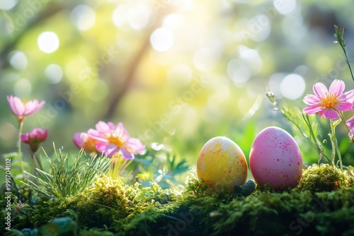 Colorful easter eggs on green moss background with bokeh. Colorful easter eggs on green moss with pink spring flowers in the forest. geneative ai