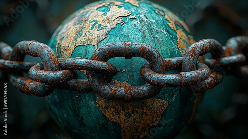 A globe encased in chains and padlocks, blocking free trade between countries, locked global economy, international restriction concept, photorealistic