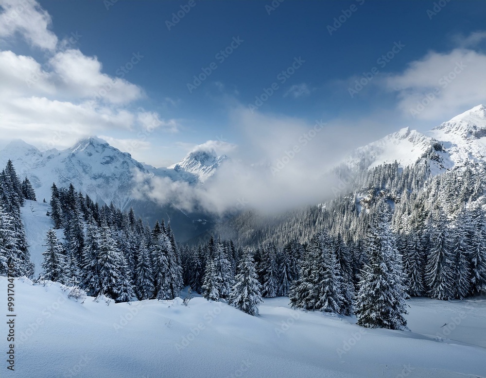 A stunning winter mountain landscape showcasing icy peaks, lush coniferous woods, and a misty atmosphere. Ideal for topics focused on nature, discovery, and outdoor escapades A stunning winter mountain landscape showcasing icy peaks, lush coniferous woods, and a misty atmosphere. Ideal for topics focused on nature, discovery, and outdoor escapades