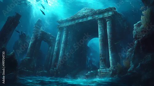 Amazing underwater hidden city atlantis with portals and columns, gods realm, fantasy background. Lost City. Illustration