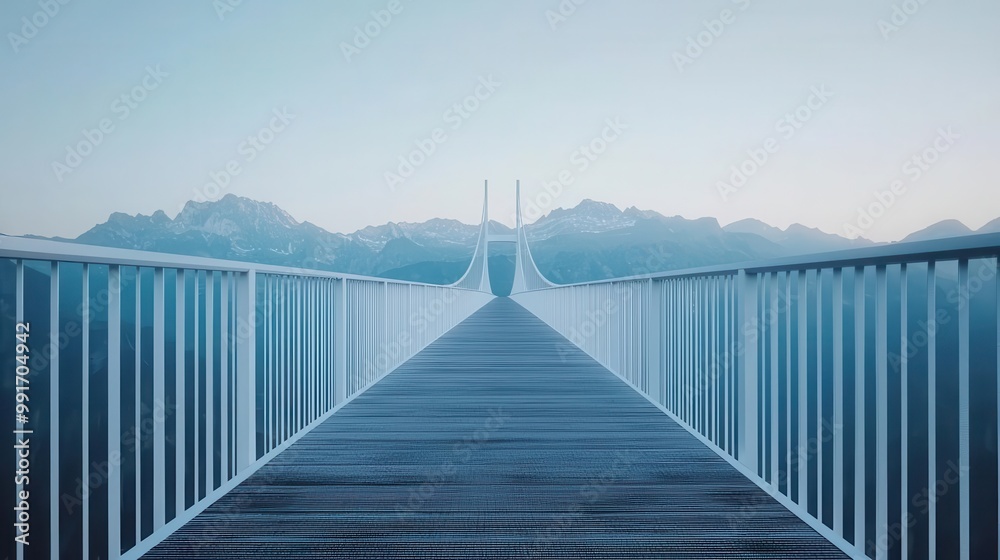 Naklejka premium Futuristic suspension bridge with a sleek, aerodynamic design, stretching over a vast canyon, suspension bridge, modern engineering