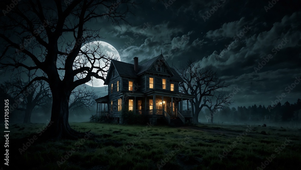 Haunted house at night with a full moon and creepy trees. Haunted house at night with a full moon and creepy trees.