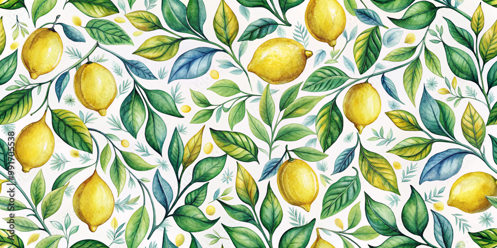 Obraz premium A seamless herbal pattern featuring yellow lemons, green leaves, and white flowers on a light background. It has a fresh and botanical aesthetic.