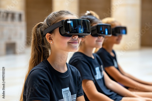 A group of students using augmented reality (AR) glasses, learning history by experiencing ancient civilizations in an immersive virtual world