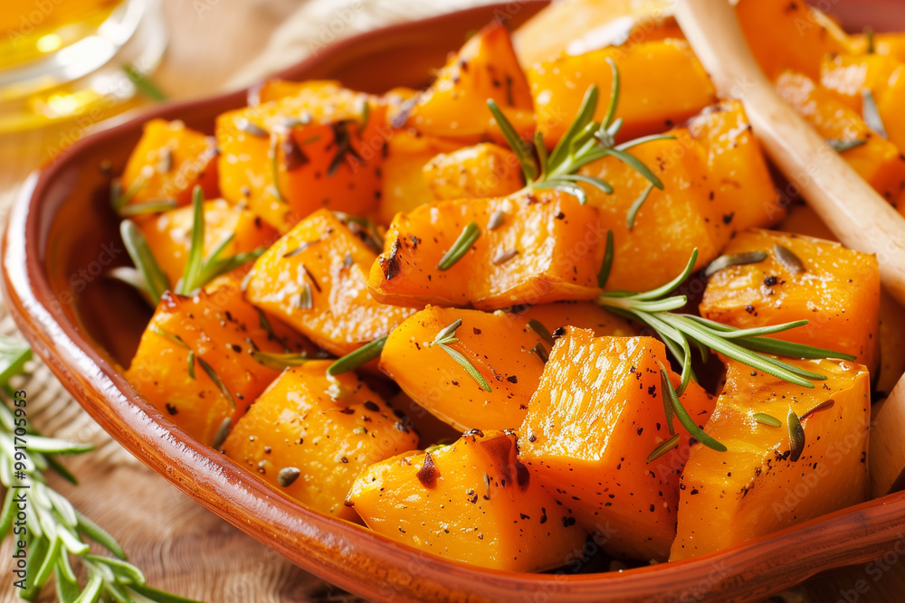 Roasted pumpkin slices with garlic and herbs. Oven baked pumpkin, seasonal autumn side dish or vegan meal. Roasted pumpkin slices with garlic and herbs. Oven baked pumpkin, seasonal autumn side dish or vegan meal.