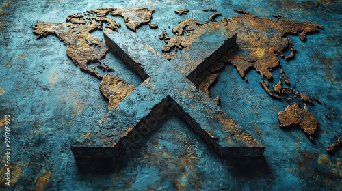 A giant "X" drawn across a world map, symbolizing blocked trade, global sanctions, and restricted commerce, photorealistic