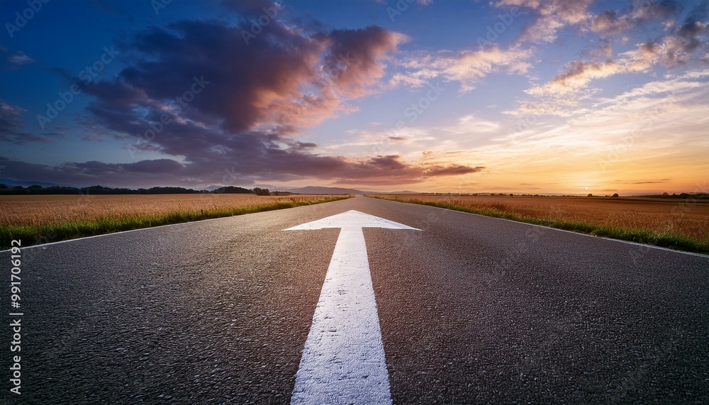 Naklejka premium Arrow-guided route on a smooth terrain within a vast field, beautiful skyline showcasing clouds at twilight, ground-level viewpoint, space for written content