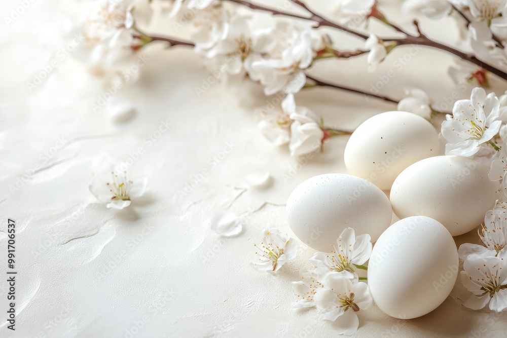 Easter background with white eggs and cherry blossom branches on a light background .geneative ai Easter background with white eggs and cherry blossom branches on a light background .geneative ai
