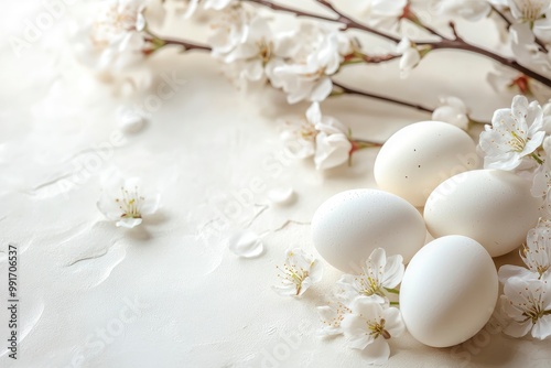 Easter background with white eggs and cherry blossom branches on a light background .geneative ai