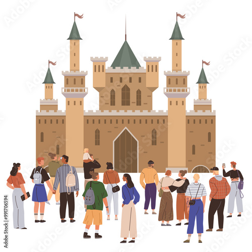 A group of tourists stands in front of a large medieval castle with four towers. Ideal for travel, history, cultural heritage, tourism industry, medieval architecture. Flat design style